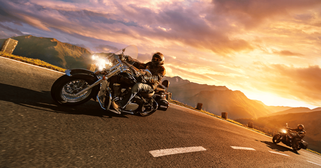 Motorcycle ride on dawn, with a beautiful mountain view